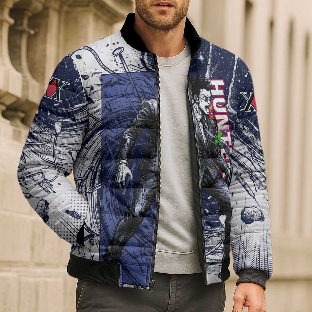 Leorio Paradinight Portal Energy Theme Bomber Puffer Jacket with Dynamic Anime Artwork and Blue Grunge Design - The Mazicc