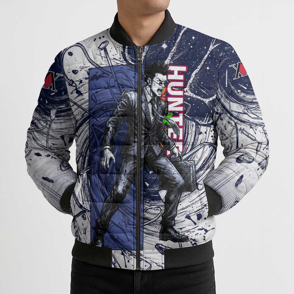 Leorio Paradinight Portal Energy Theme Bomber Puffer Jacket with Dynamic Anime Artwork and Blue Grunge Design - The Mazicc