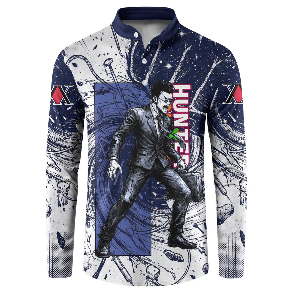 Leorio Paradinight Portal Energy Theme Button Sweatshirt with Dynamic Anime Artwork and Blue Grunge Design - The Mazicc