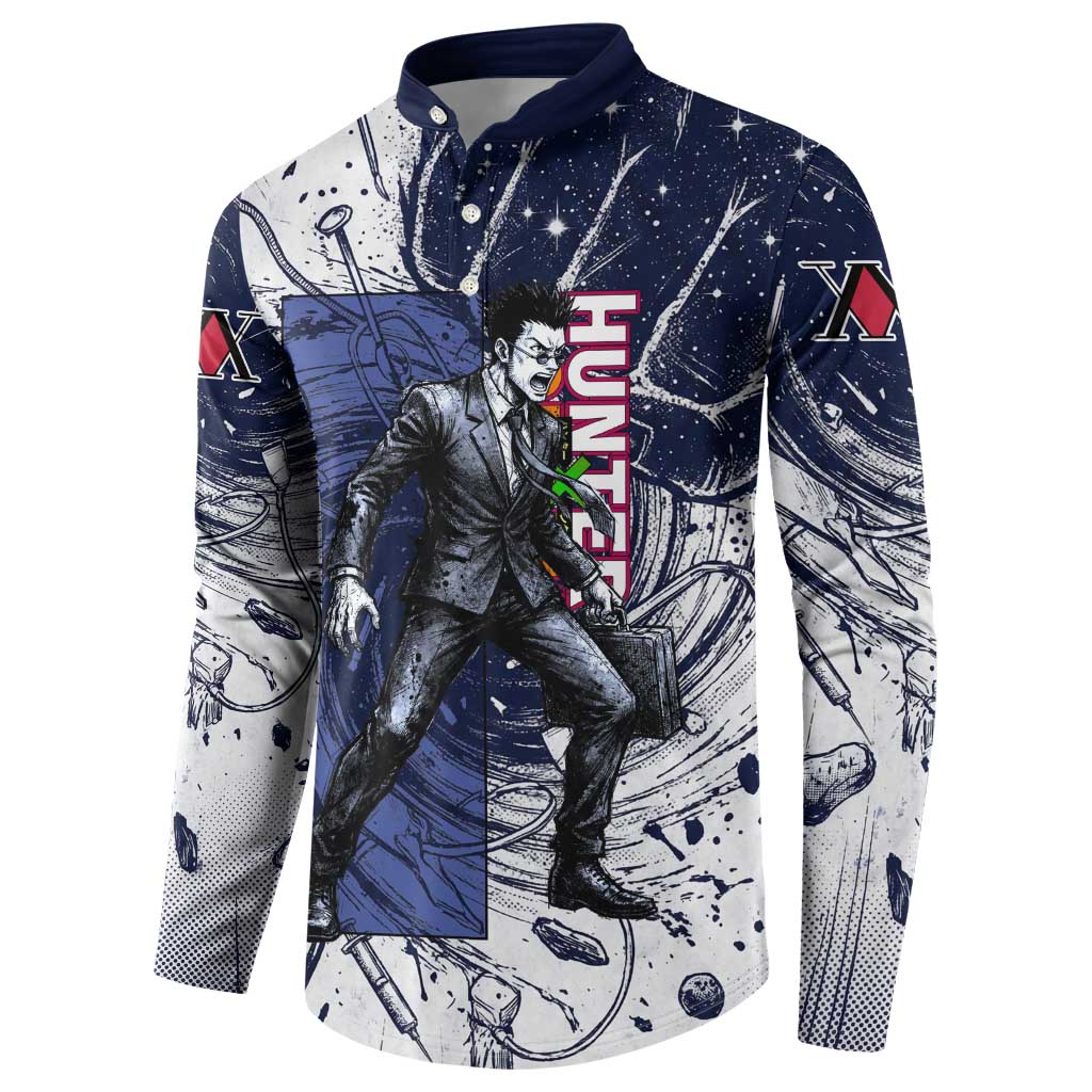 Leorio Paradinight Portal Energy Theme Button Sweatshirt with Dynamic Anime Artwork and Blue Grunge Design - The Mazicc