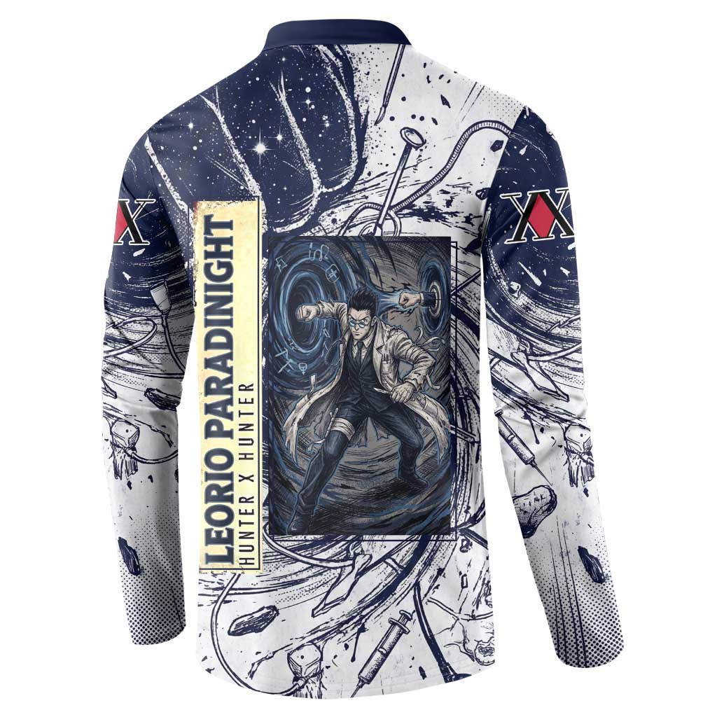 Leorio Paradinight Portal Energy Theme Button Sweatshirt with Dynamic Anime Artwork and Blue Grunge Design - The Mazicc