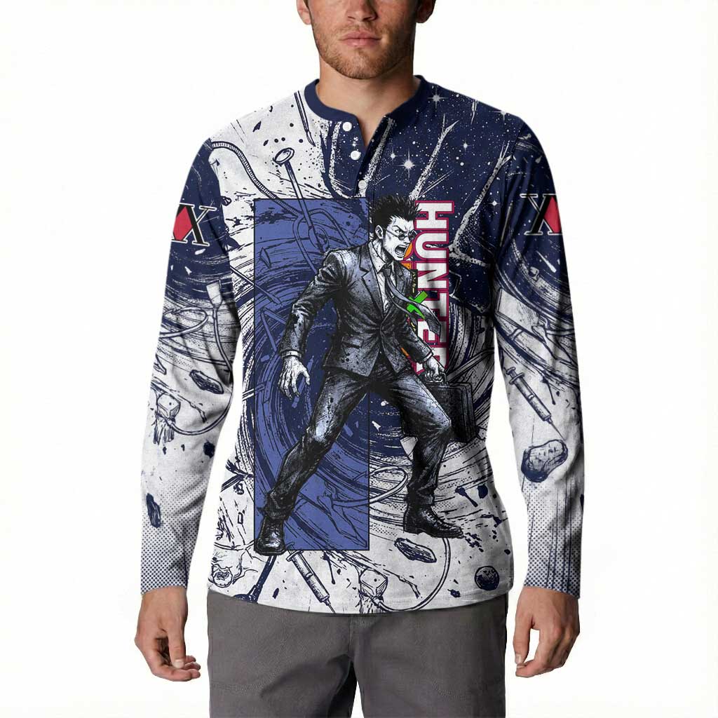 Leorio Paradinight Portal Energy Theme Button Sweatshirt with Dynamic Anime Artwork and Blue Grunge Design - The Mazicc