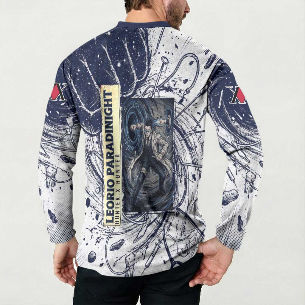 Leorio Paradinight Portal Energy Theme Button Sweatshirt with Dynamic Anime Artwork and Blue Grunge Design - The Mazicc