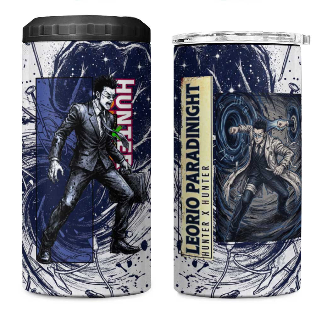 Leorio Paradinight Portal Energy Theme 4 in 1 Can Cooler Tumbler with Dynamic Anime Artwork and Blue Grunge Design - The Mazicc
