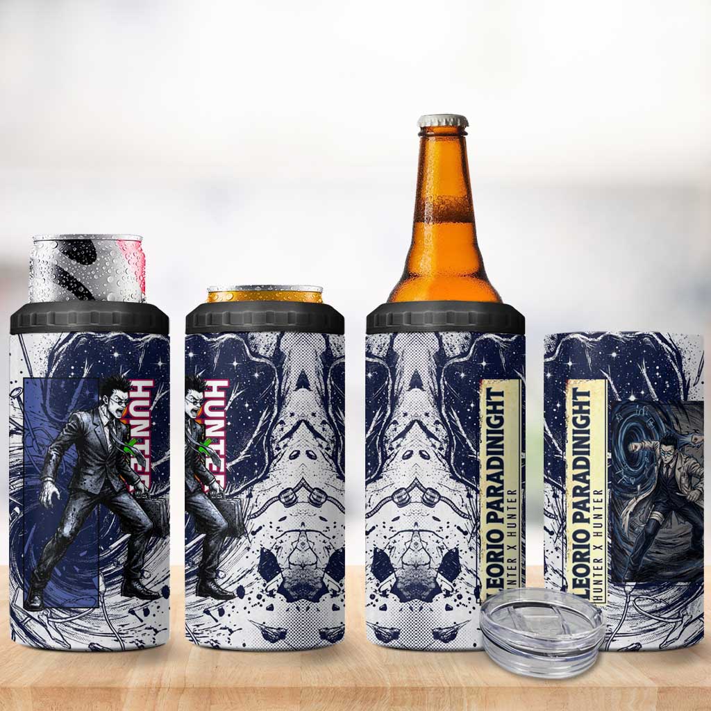 Leorio Paradinight Portal Energy Theme 4 in 1 Can Cooler Tumbler with Dynamic Anime Artwork and Blue Grunge Design - The Mazicc