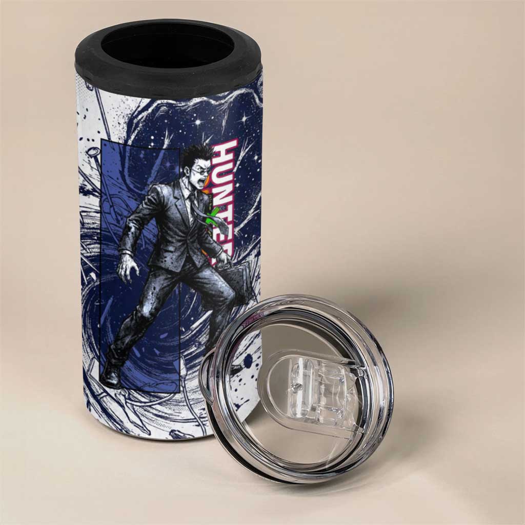 Leorio Paradinight Portal Energy Theme 4 in 1 Can Cooler Tumbler with Dynamic Anime Artwork and Blue Grunge Design - The Mazicc