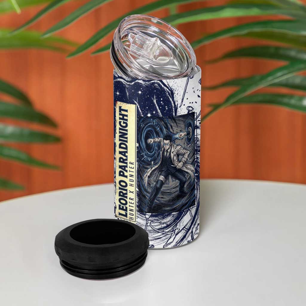 Leorio Paradinight Portal Energy Theme 4 in 1 Can Cooler Tumbler with Dynamic Anime Artwork and Blue Grunge Design - The Mazicc