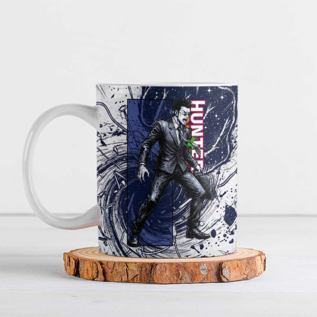 Leorio Paradinight Portal Energy Theme Ceramic Mug with Dynamic Anime Artwork and Blue Grunge Design - The Mazicc