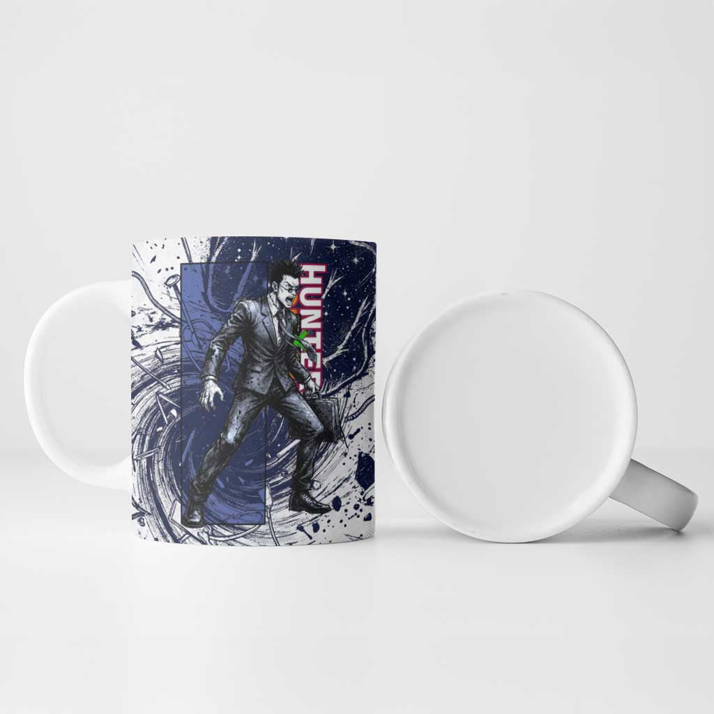 Leorio Paradinight Portal Energy Theme Ceramic Mug with Dynamic Anime Artwork and Blue Grunge Design - The Mazicc