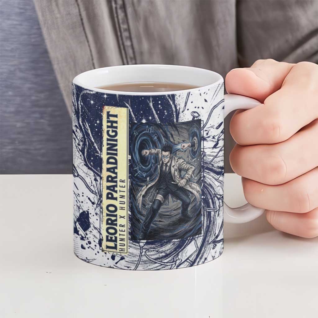 Leorio Paradinight Portal Energy Theme Ceramic Mug with Dynamic Anime Artwork and Blue Grunge Design - The Mazicc