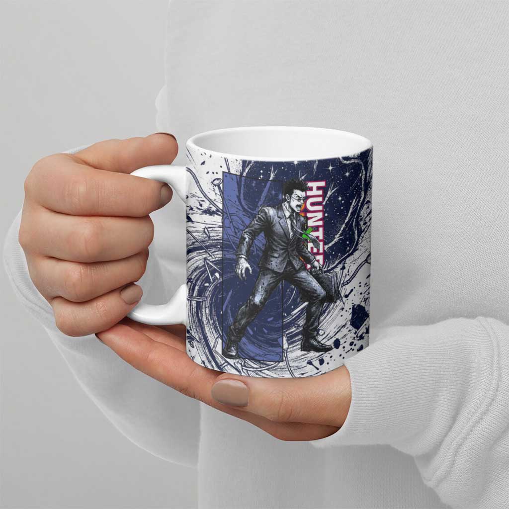Leorio Paradinight Portal Energy Theme Ceramic Mug with Dynamic Anime Artwork and Blue Grunge Design - The Mazicc