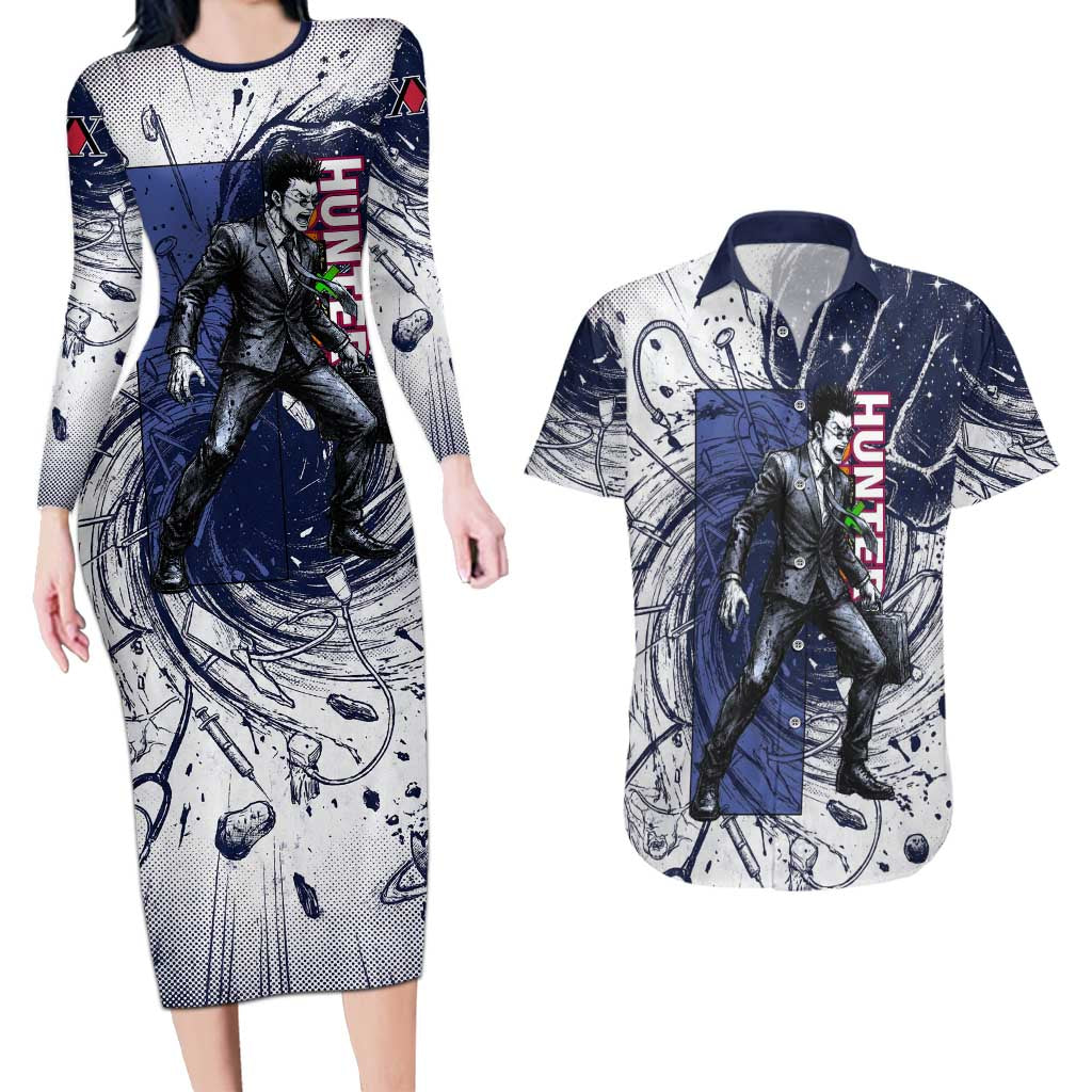 Leorio Paradinight Portal Energy Theme Couples Matching Long Sleeve Bodycon Dress and Hawaiian Shirt with Dynamic Anime Artwork and Blue Grunge Design - The Mazicc
