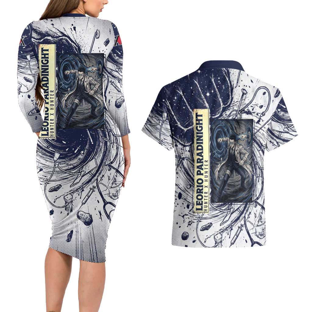 Leorio Paradinight Portal Energy Theme Couples Matching Long Sleeve Bodycon Dress and Hawaiian Shirt with Dynamic Anime Artwork and Blue Grunge Design - The Mazicc