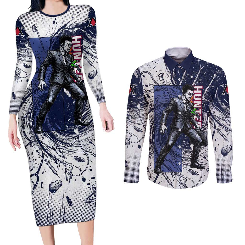 Leorio Paradinight Portal Energy Theme Couples Matching Long Sleeve Bodycon Dress and Long Sleeve Button Shirt with Dynamic Anime Artwork and Blue Grunge Design - The Mazicc