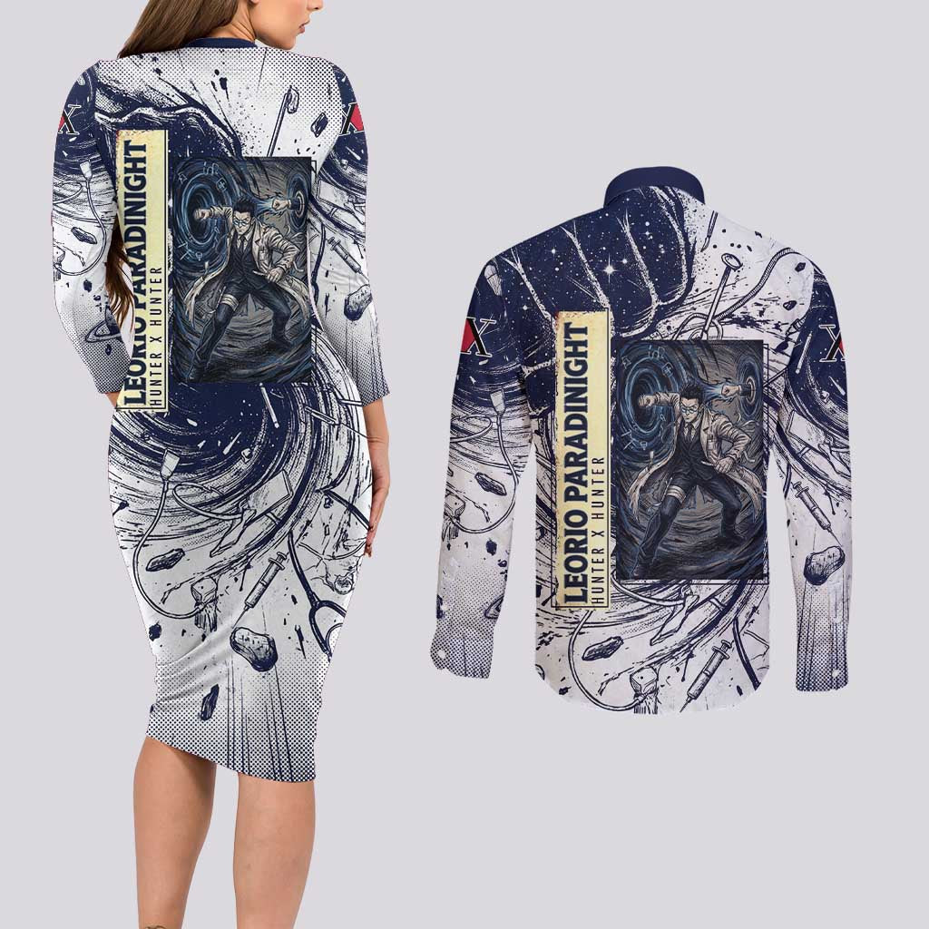 Leorio Paradinight Portal Energy Theme Couples Matching Long Sleeve Bodycon Dress and Long Sleeve Button Shirt with Dynamic Anime Artwork and Blue Grunge Design - The Mazicc