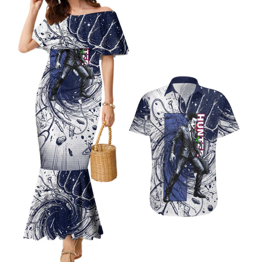 Leorio Paradinight Portal Energy Theme Couples Matching Mermaid Dress and Hawaiian Shirt with Dynamic Anime Artwork and Blue Grunge Design - The Mazicc