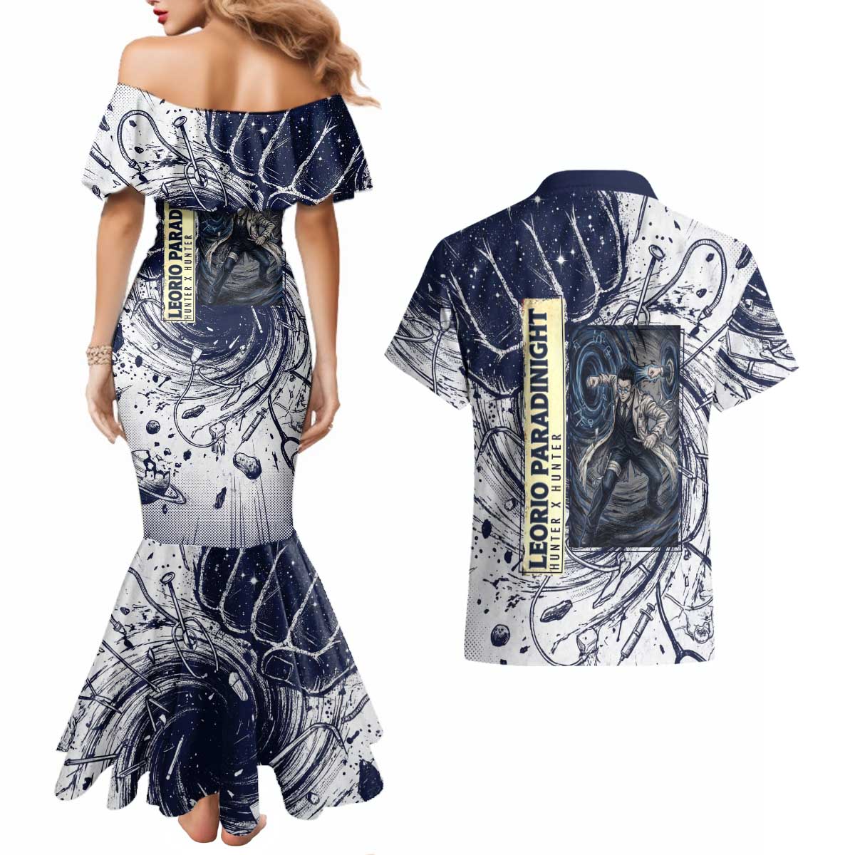 Leorio Paradinight Portal Energy Theme Couples Matching Mermaid Dress and Hawaiian Shirt with Dynamic Anime Artwork and Blue Grunge Design - The Mazicc