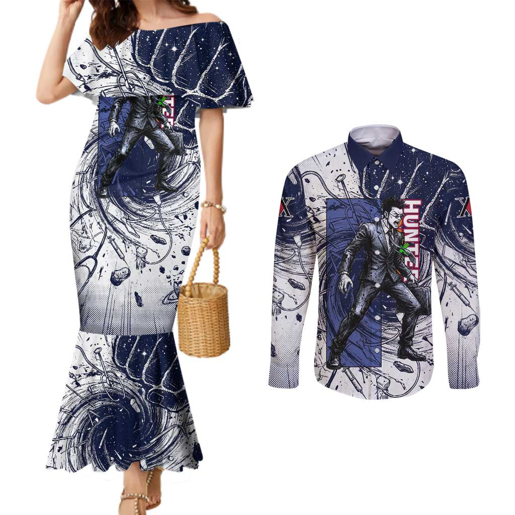 Leorio Paradinight Portal Energy Theme Couples Matching Mermaid Dress and Long Sleeve Button Shirt with Dynamic Anime Artwork and Blue Grunge Design - The Mazicc