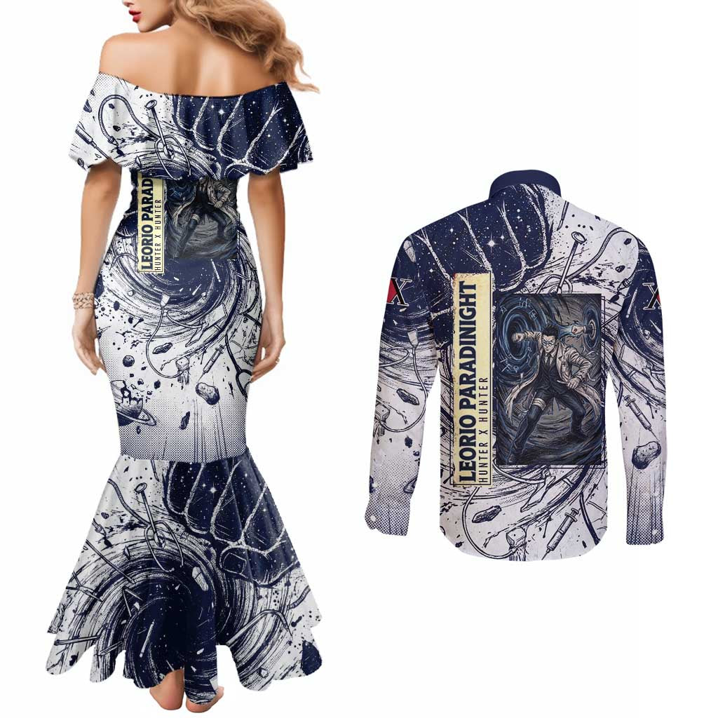Leorio Paradinight Portal Energy Theme Couples Matching Mermaid Dress and Long Sleeve Button Shirt with Dynamic Anime Artwork and Blue Grunge Design - The Mazicc