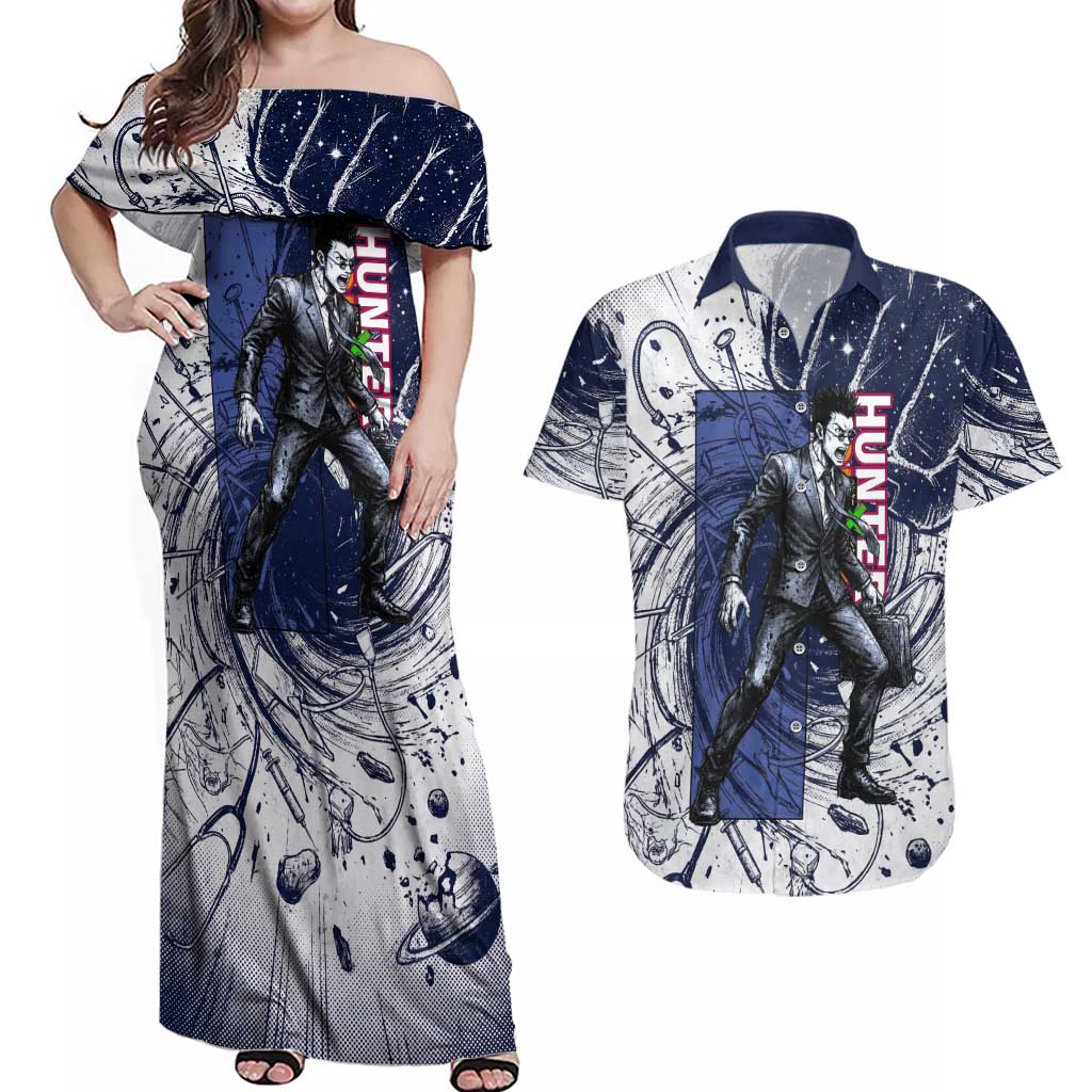 Leorio Paradinight Portal Energy Theme Couples Matching Off Shoulder Maxi Dress and Hawaiian Shirt with Dynamic Anime Artwork and Blue Grunge Design - The Mazicc