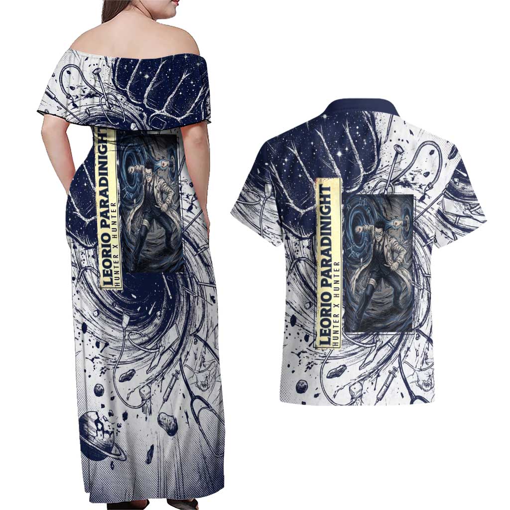 Leorio Paradinight Portal Energy Theme Couples Matching Off Shoulder Maxi Dress and Hawaiian Shirt with Dynamic Anime Artwork and Blue Grunge Design - The Mazicc