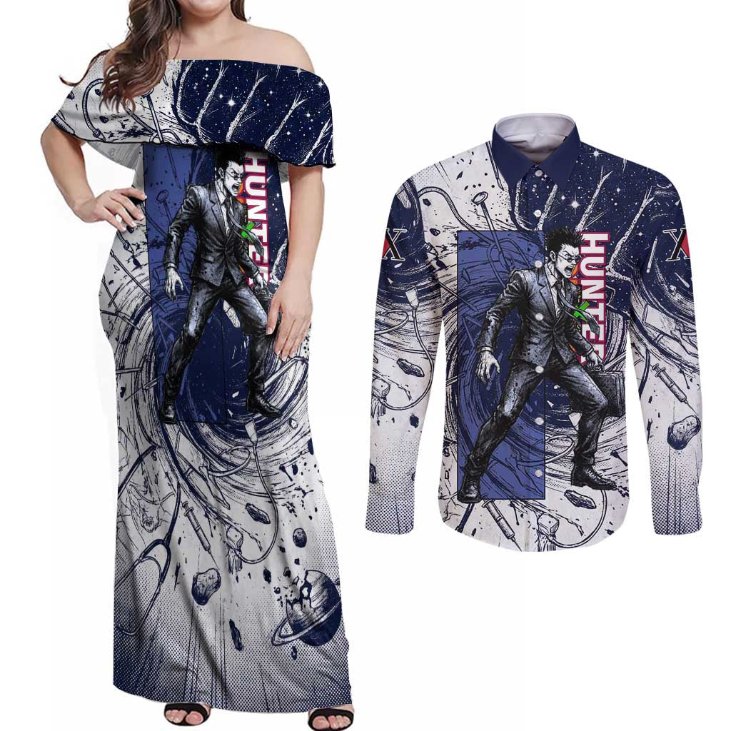 Leorio Paradinight Portal Energy Theme Couples Matching Off Shoulder Maxi Dress and Long Sleeve Button Shirt with Dynamic Anime Artwork and Blue Grunge Design - The Mazicc