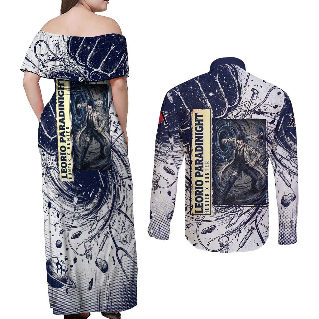 Leorio Paradinight Portal Energy Theme Couples Matching Off Shoulder Maxi Dress and Long Sleeve Button Shirt with Dynamic Anime Artwork and Blue Grunge Design - The Mazicc