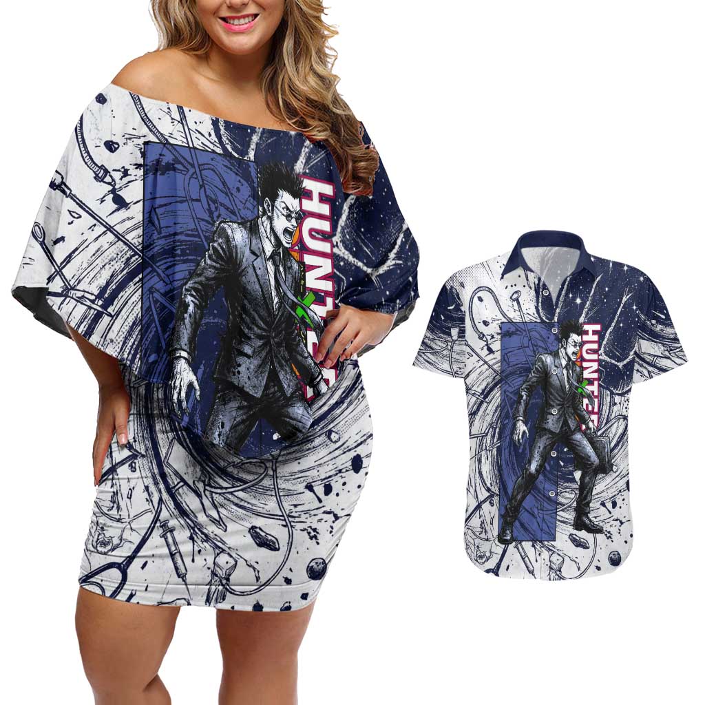 Leorio Paradinight Portal Energy Theme Couples Matching Off Shoulder Short Dress and Hawaiian Shirt with Dynamic Anime Artwork and Blue Grunge Design - The Mazicc