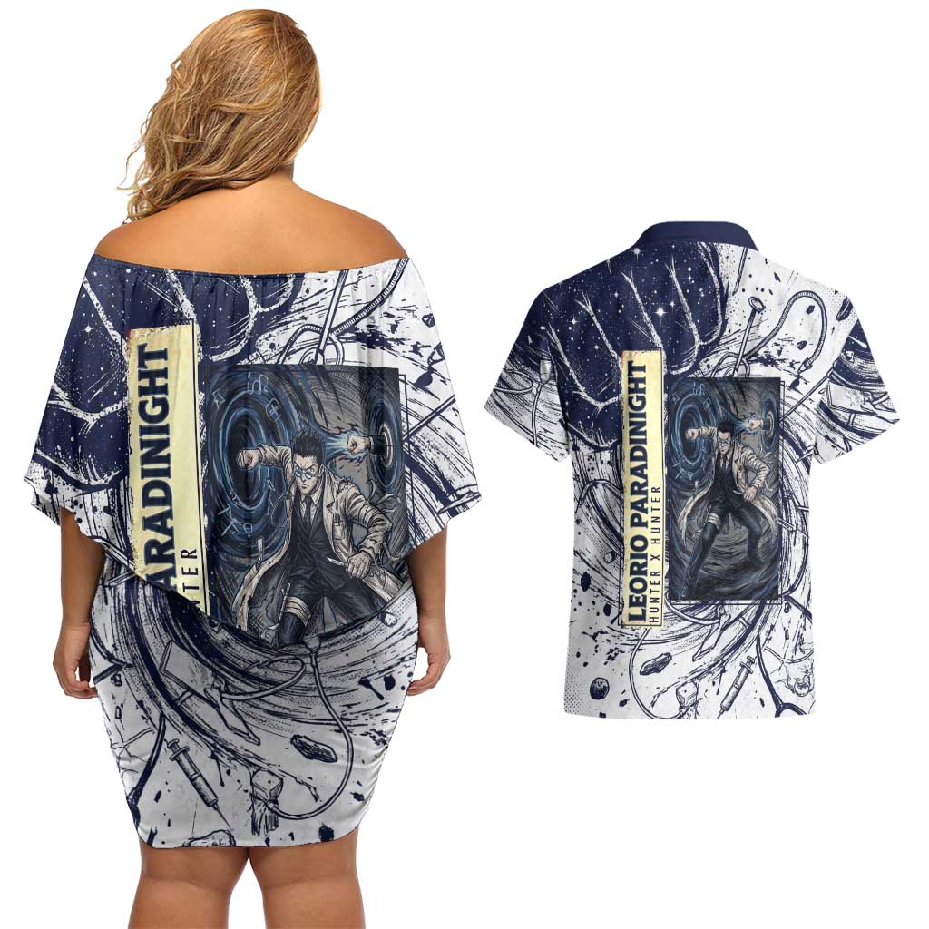 Leorio Paradinight Portal Energy Theme Couples Matching Off Shoulder Short Dress and Hawaiian Shirt with Dynamic Anime Artwork and Blue Grunge Design - The Mazicc