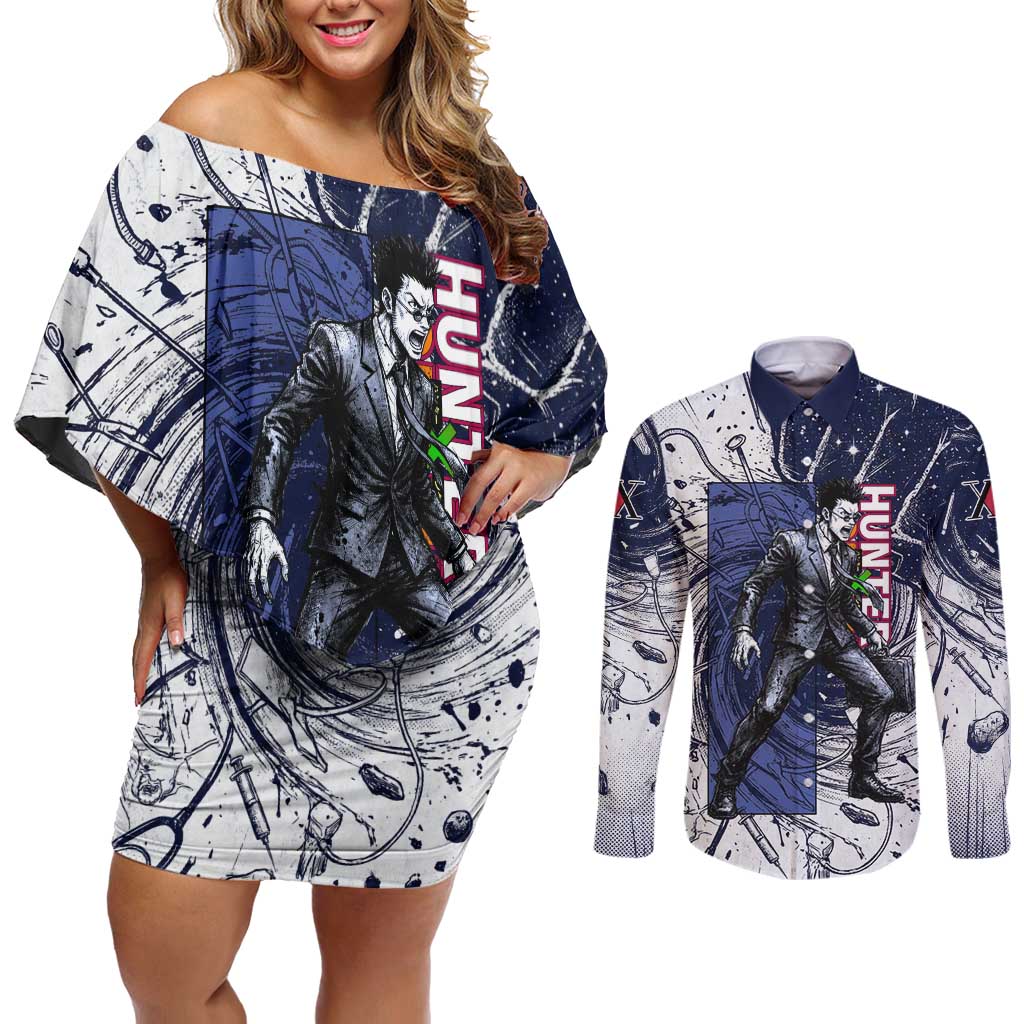 Leorio Paradinight Portal Energy Theme Couples Matching Off Shoulder Short Dress and Long Sleeve Button Shirt with Dynamic Anime Artwork and Blue Grunge Design - The Mazicc