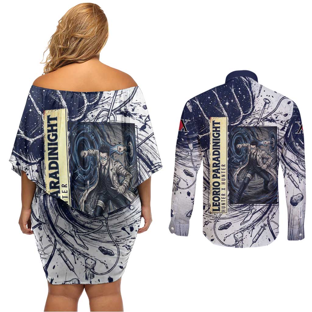 Leorio Paradinight Portal Energy Theme Couples Matching Off Shoulder Short Dress and Long Sleeve Button Shirt with Dynamic Anime Artwork and Blue Grunge Design - The Mazicc