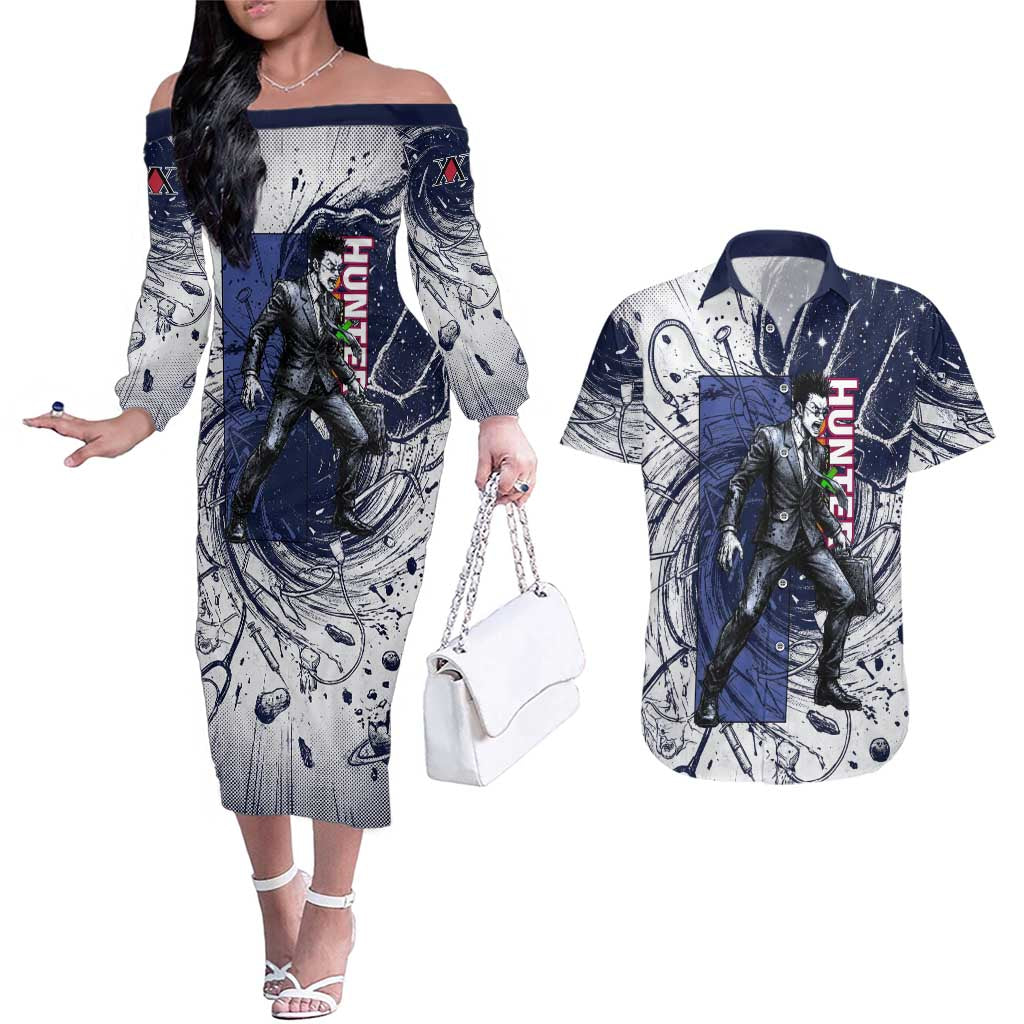 Leorio Paradinight Portal Energy Theme Couples Matching Off The Shoulder Long Sleeve Dress and Hawaiian Shirt with Dynamic Anime Artwork and Blue Grunge Design - The Mazicc
