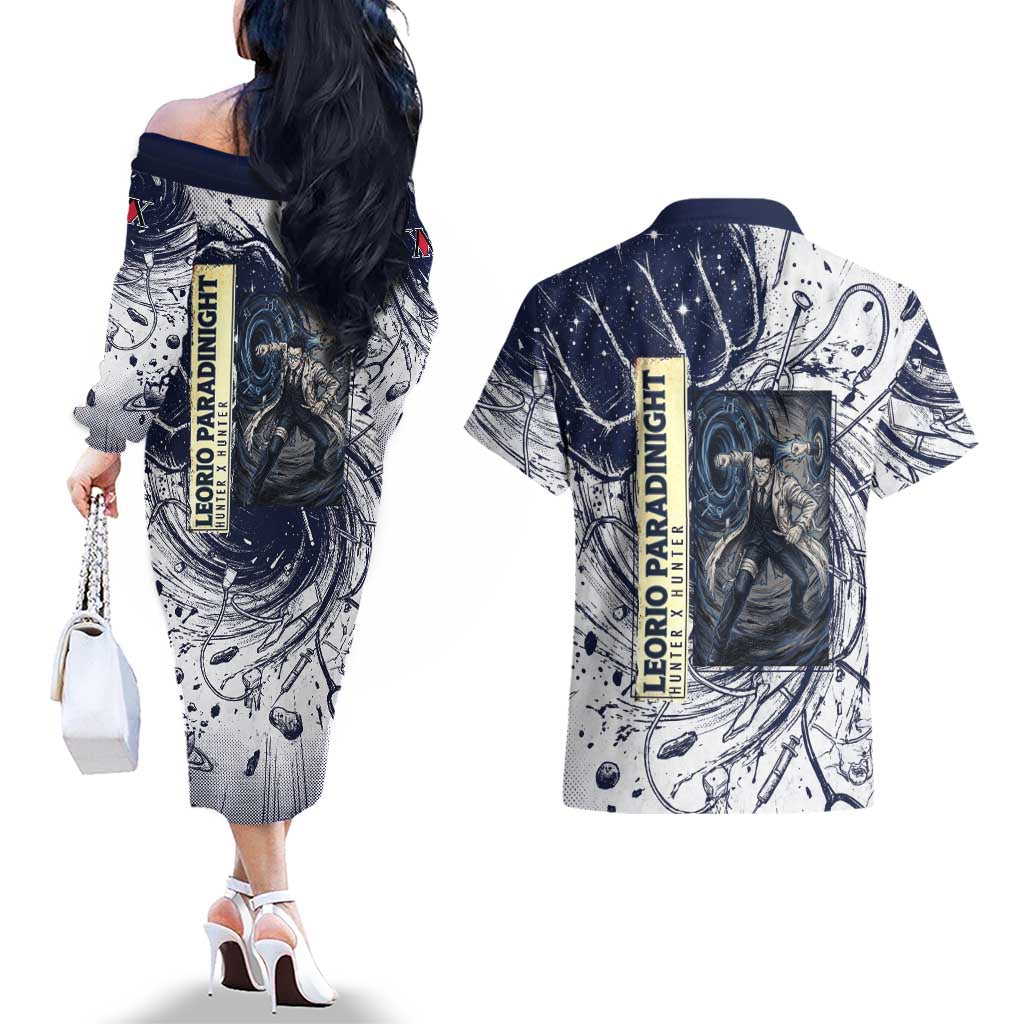 Leorio Paradinight Portal Energy Theme Couples Matching Off The Shoulder Long Sleeve Dress and Hawaiian Shirt with Dynamic Anime Artwork and Blue Grunge Design - The Mazicc