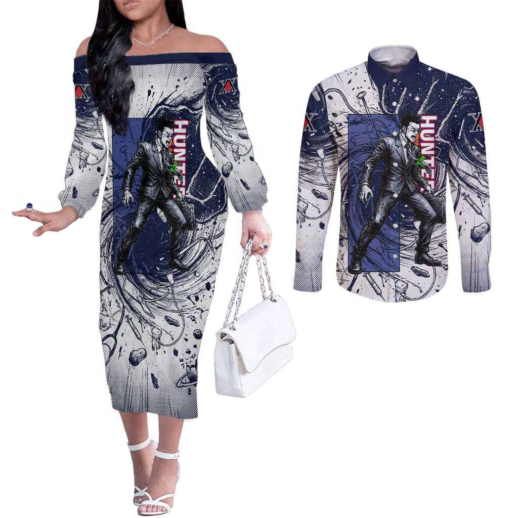Leorio Paradinight Portal Energy Theme Couples Matching Off The Shoulder Long Sleeve Dress and Long Sleeve Button Shirt with Dynamic Anime Artwork and Blue Grunge Design - The Mazicc