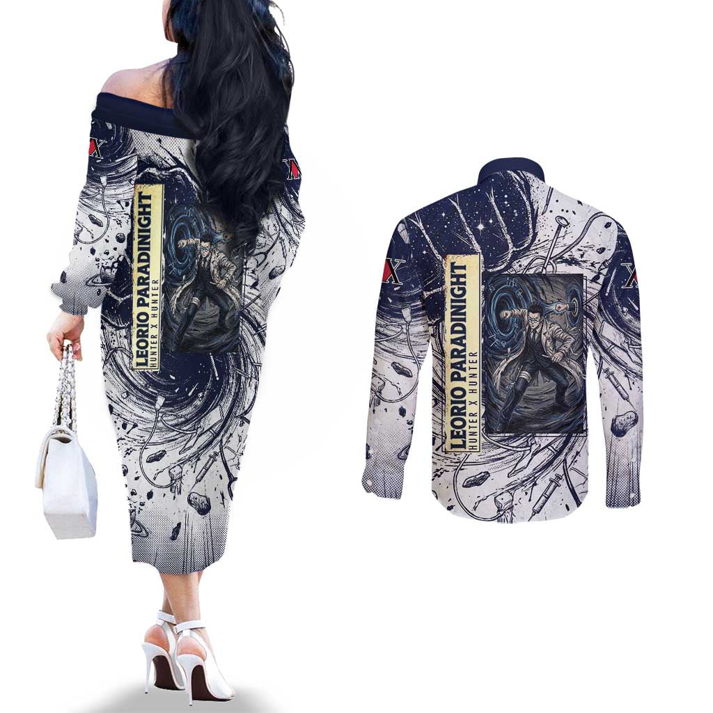Leorio Paradinight Portal Energy Theme Couples Matching Off The Shoulder Long Sleeve Dress and Long Sleeve Button Shirt with Dynamic Anime Artwork and Blue Grunge Design - The Mazicc
