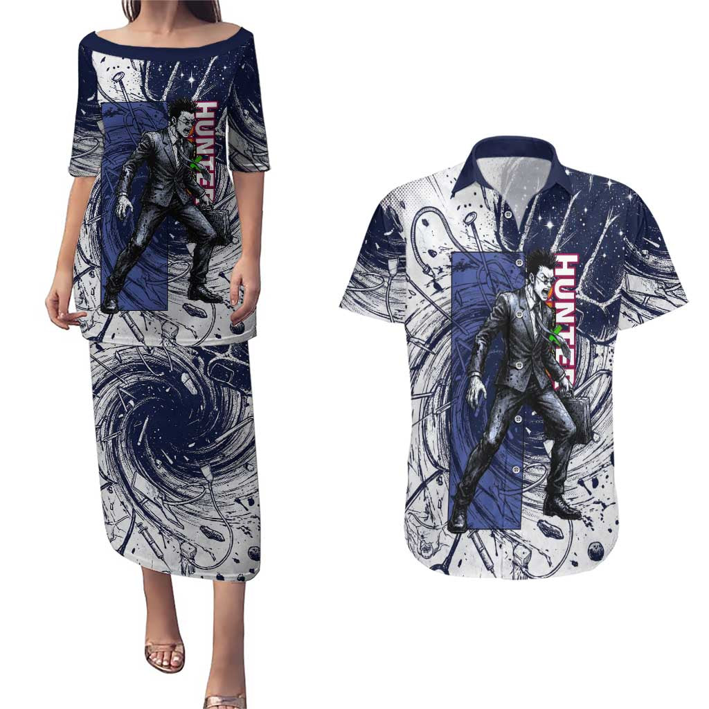 Leorio Paradinight Portal Energy Theme Couples Matching Puletasi and Hawaiian Shirt with Dynamic Anime Artwork and Blue Grunge Design - The Mazicc