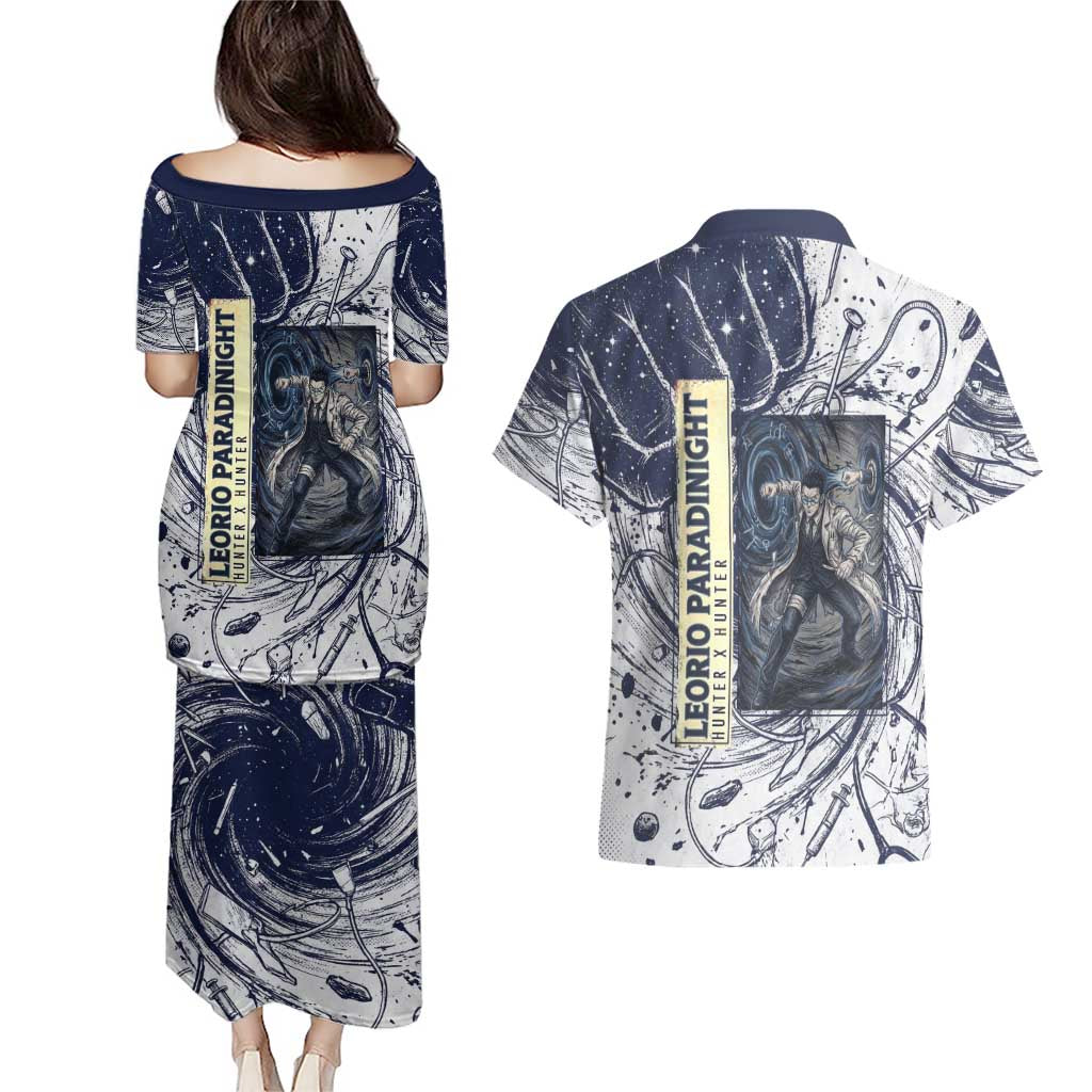 Leorio Paradinight Portal Energy Theme Couples Matching Puletasi and Hawaiian Shirt with Dynamic Anime Artwork and Blue Grunge Design - The Mazicc