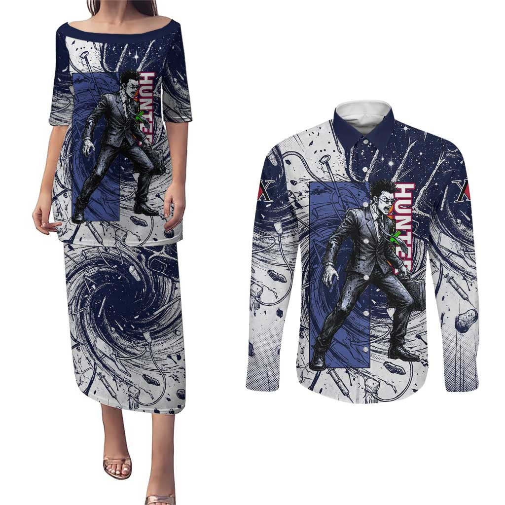 Leorio Paradinight Portal Energy Theme Couples Matching Puletasi and Long Sleeve Button Shirt with Dynamic Anime Artwork and Blue Grunge Design - The Mazicc