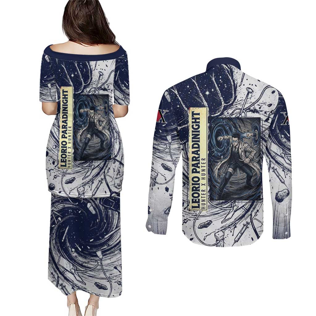 Leorio Paradinight Portal Energy Theme Couples Matching Puletasi and Long Sleeve Button Shirt with Dynamic Anime Artwork and Blue Grunge Design - The Mazicc