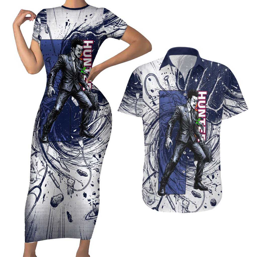 Leorio Paradinight Portal Energy Theme Couples Matching Short Sleeve Bodycon Dress and Hawaiian Shirt with Dynamic Anime Artwork and Blue Grunge Design - The Mazicc