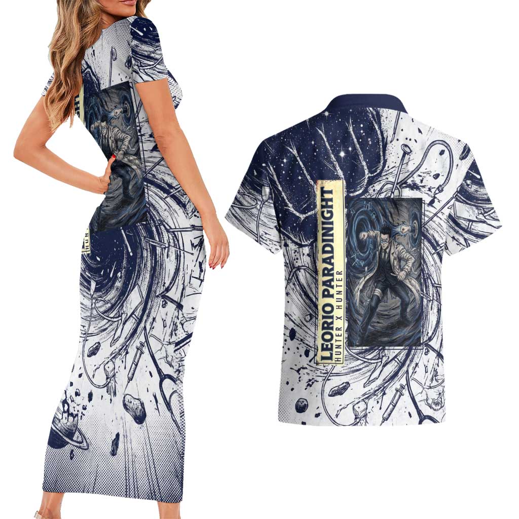 Leorio Paradinight Portal Energy Theme Couples Matching Short Sleeve Bodycon Dress and Hawaiian Shirt with Dynamic Anime Artwork and Blue Grunge Design - The Mazicc