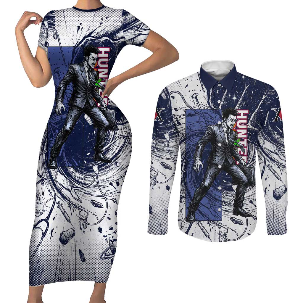 Leorio Paradinight Portal Energy Theme Couples Matching Short Sleeve Bodycon Dress and Long Sleeve Button Shirt with Dynamic Anime Artwork and Blue Grunge Design - The Mazicc