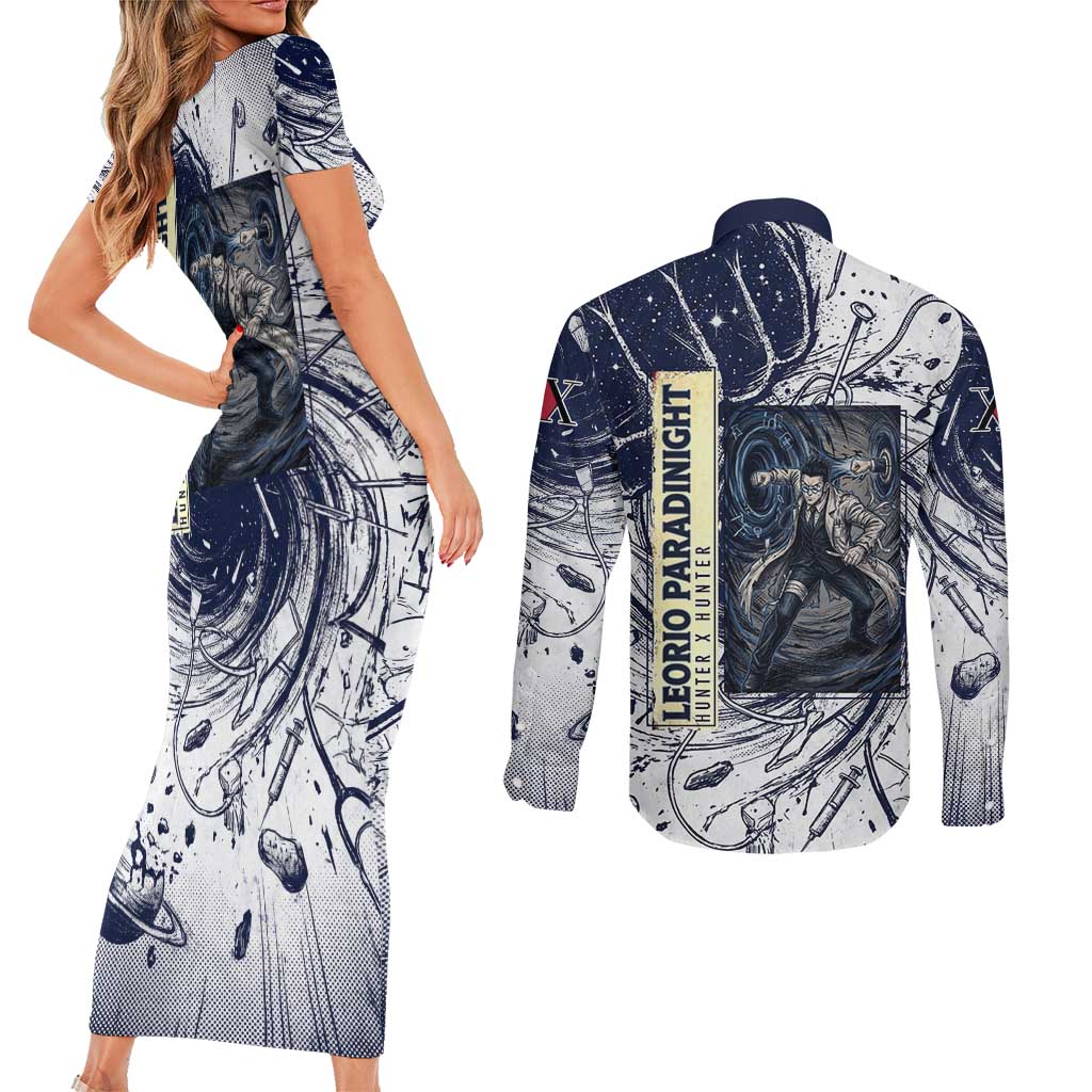 Leorio Paradinight Portal Energy Theme Couples Matching Short Sleeve Bodycon Dress and Long Sleeve Button Shirt with Dynamic Anime Artwork and Blue Grunge Design - The Mazicc