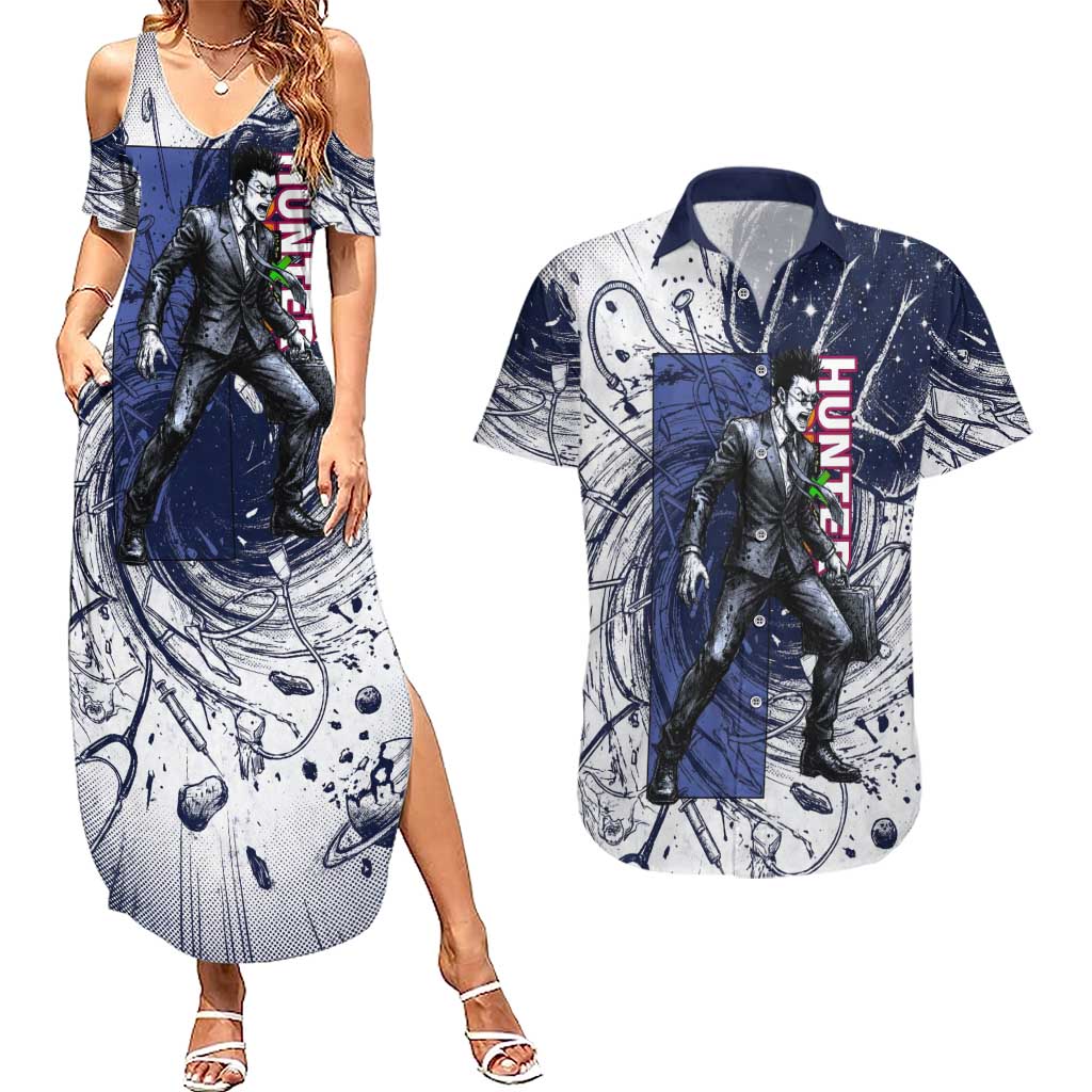 Leorio Paradinight Portal Energy Theme Couples Matching Summer Maxi Dress and Hawaiian Shirt with Dynamic Anime Artwork and Blue Grunge Design - The Mazicc