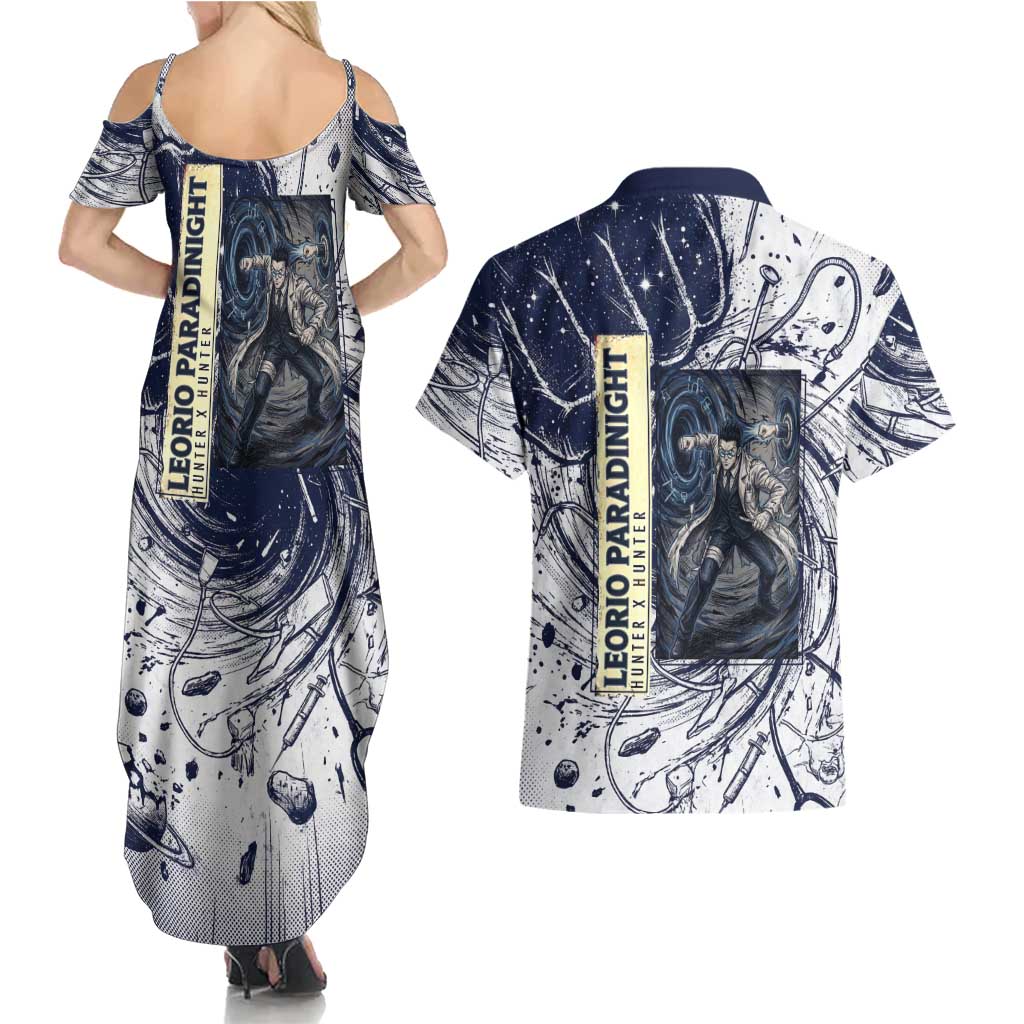Leorio Paradinight Portal Energy Theme Couples Matching Summer Maxi Dress and Hawaiian Shirt with Dynamic Anime Artwork and Blue Grunge Design - The Mazicc