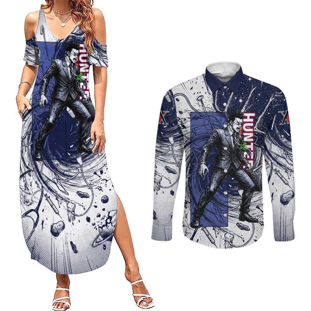 Leorio Paradinight Portal Energy Theme Couples Matching Summer Maxi Dress and Long Sleeve Button Shirt with Dynamic Anime Artwork and Blue Grunge Design - The Mazicc