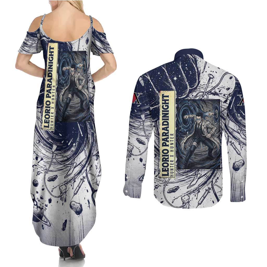 Leorio Paradinight Portal Energy Theme Couples Matching Summer Maxi Dress and Long Sleeve Button Shirt with Dynamic Anime Artwork and Blue Grunge Design - The Mazicc