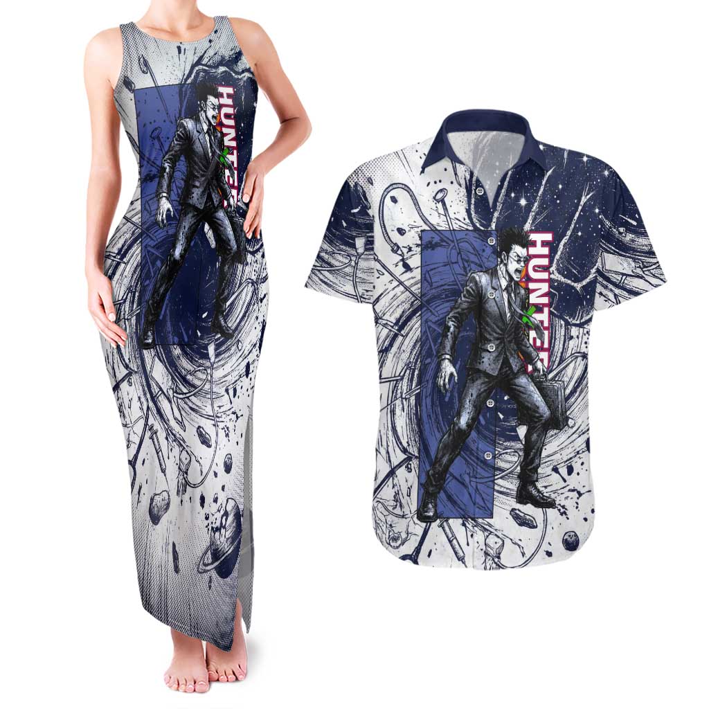 Leorio Paradinight Portal Energy Theme Couples Matching Tank Maxi Dress and Hawaiian Shirt with Dynamic Anime Artwork and Blue Grunge Design - The Mazicc