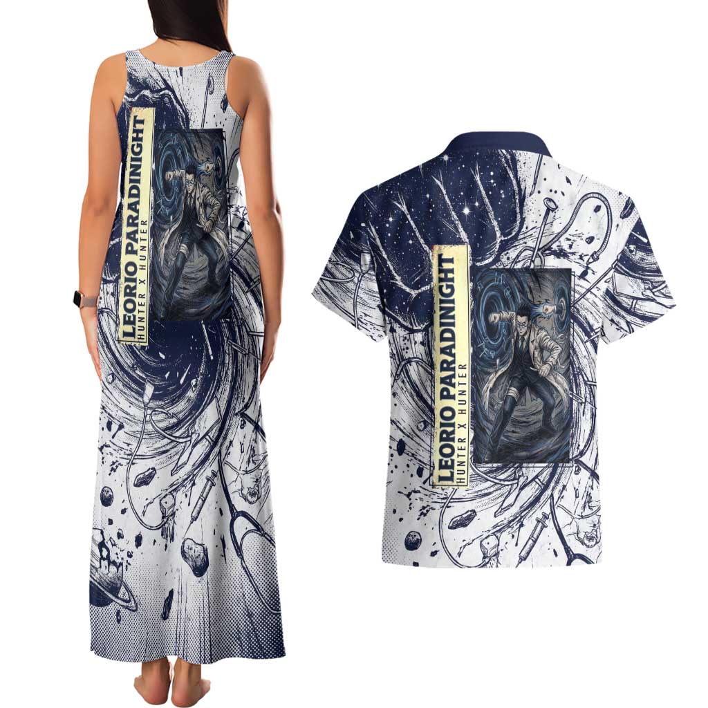 Leorio Paradinight Portal Energy Theme Couples Matching Tank Maxi Dress and Hawaiian Shirt with Dynamic Anime Artwork and Blue Grunge Design - The Mazicc