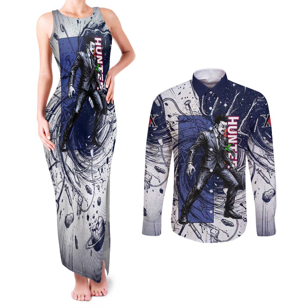 Leorio Paradinight Portal Energy Theme Couples Matching Tank Maxi Dress and Long Sleeve Button Shirt with Dynamic Anime Artwork and Blue Grunge Design - The Mazicc